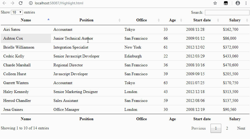 Select a row (highlight) in html table while click of that row The