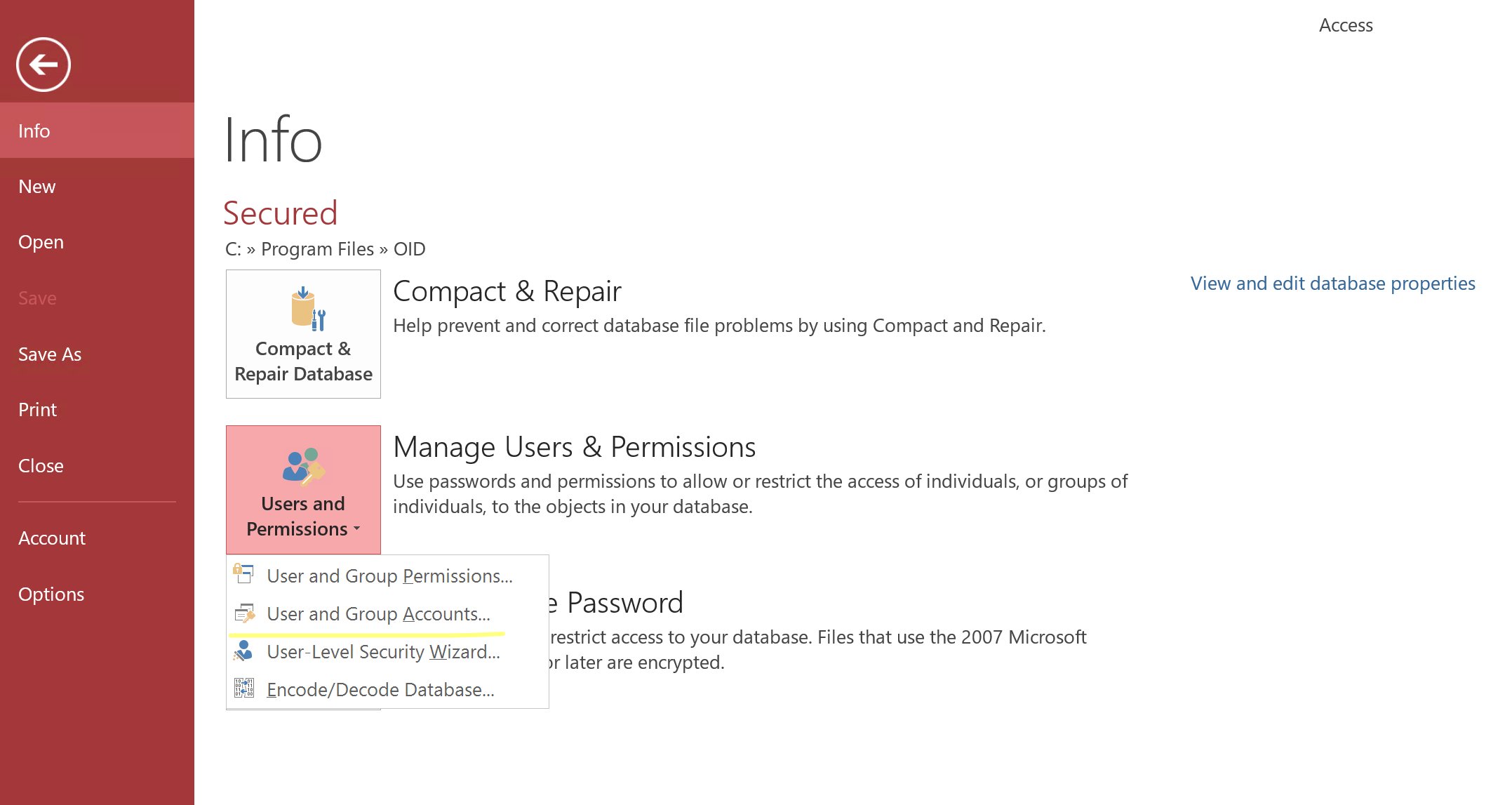 ms access 2016 Change password for a user in secured.mdw file Stack