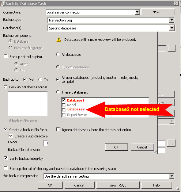 sql server Maintenance plan is backing up database transaction log but it is not selected