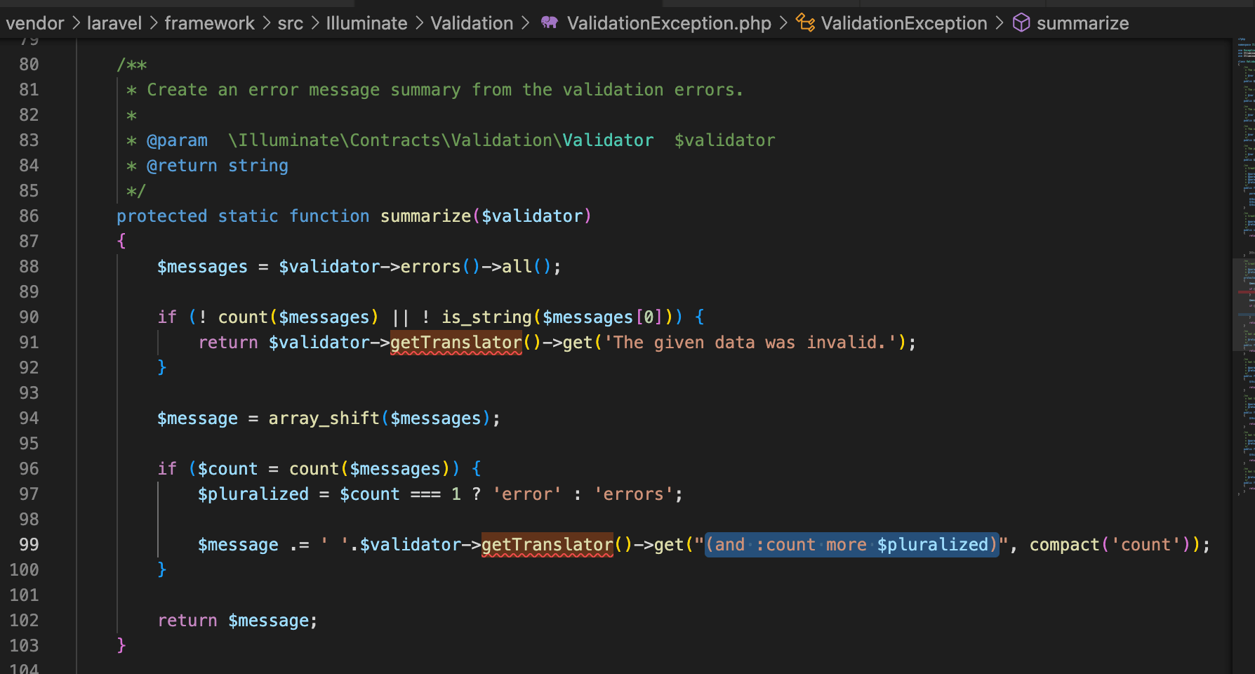 How to translate Laravel "hardcoded" string "(and 1 more error)", using
