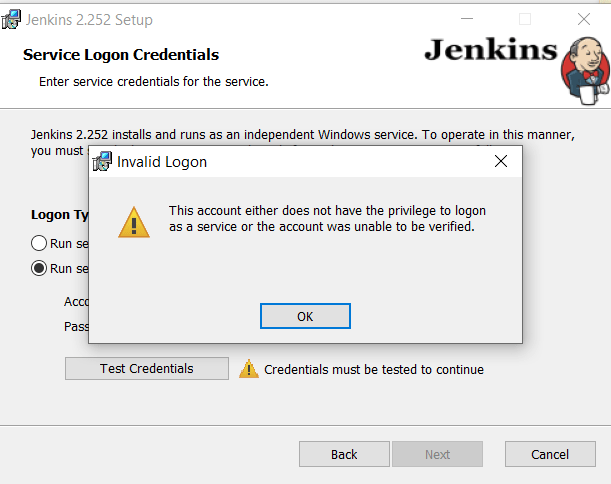 jenkins installation windows 10 "Service Logon Credentials" Stack