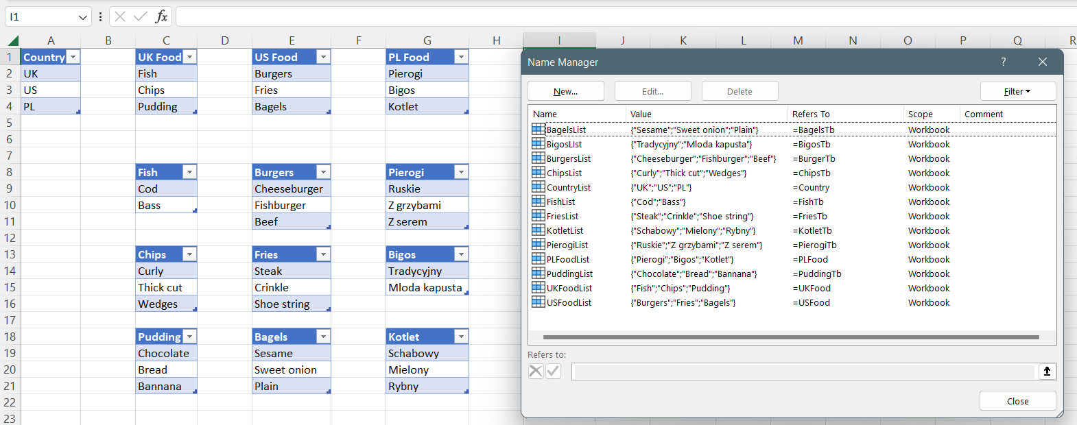 How to display Excel table (data validation list) based on the value in