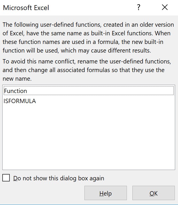 Why is Excel warning about userdefined function conflicts with