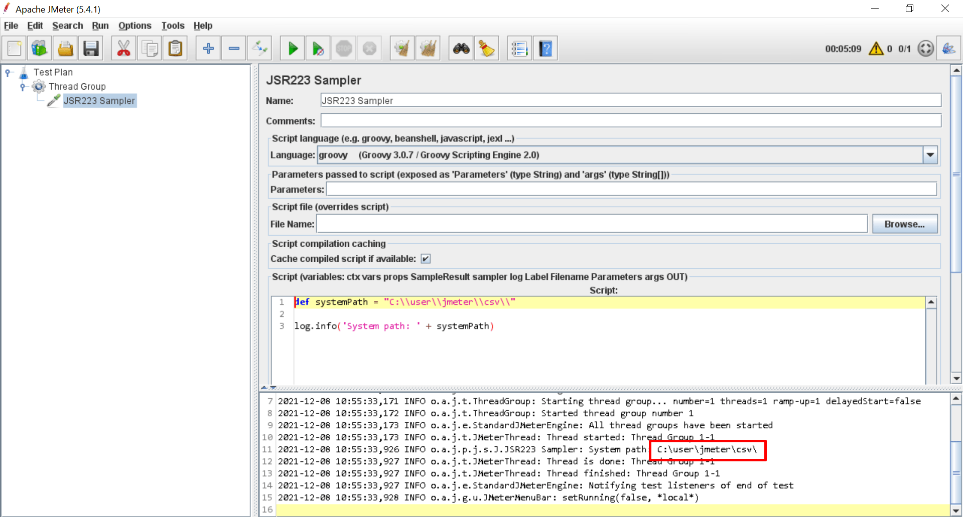 How to store windows system path in JMeter JSR223 sampler using groovy
