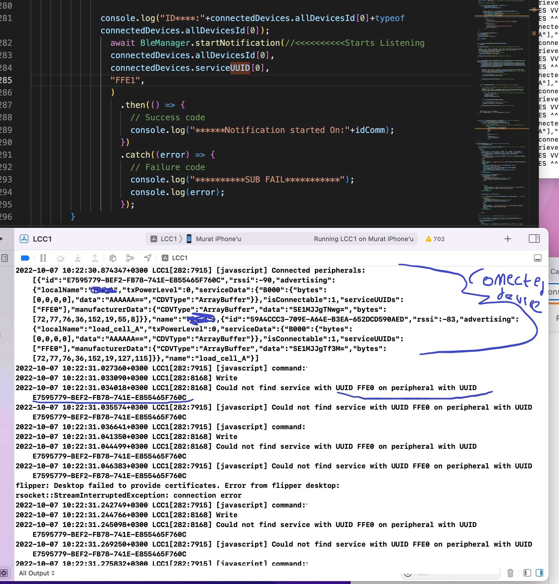 javascript ReactNative BLE Manager works on Android but not IOS (could not find service with