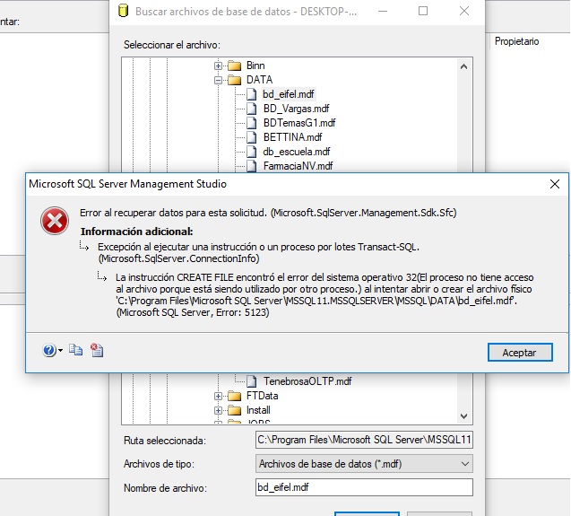 base de datos Error 5123 restaurar BD SQL Server 2012 Stack
