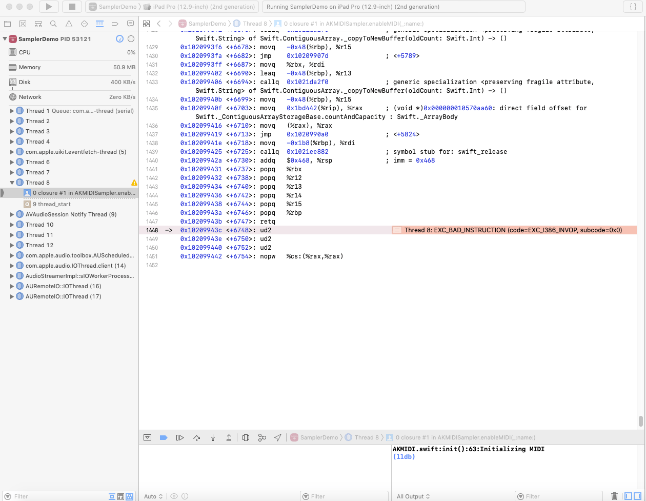swift I am getting a runtime error running the AudioKit SamplerDeomo