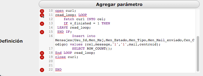 php Declare cursor and stored procedure in phpmyadmin