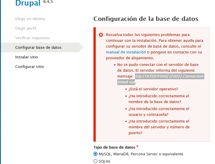 database SQLSTATE[HY000] [2002] Connection timed out When i try to