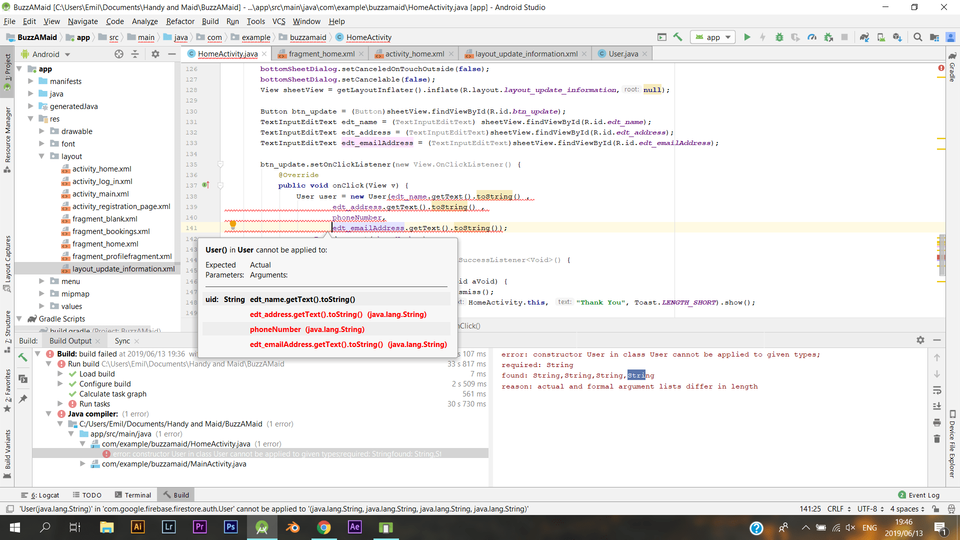java Constructor cannot be applied to given types android studio