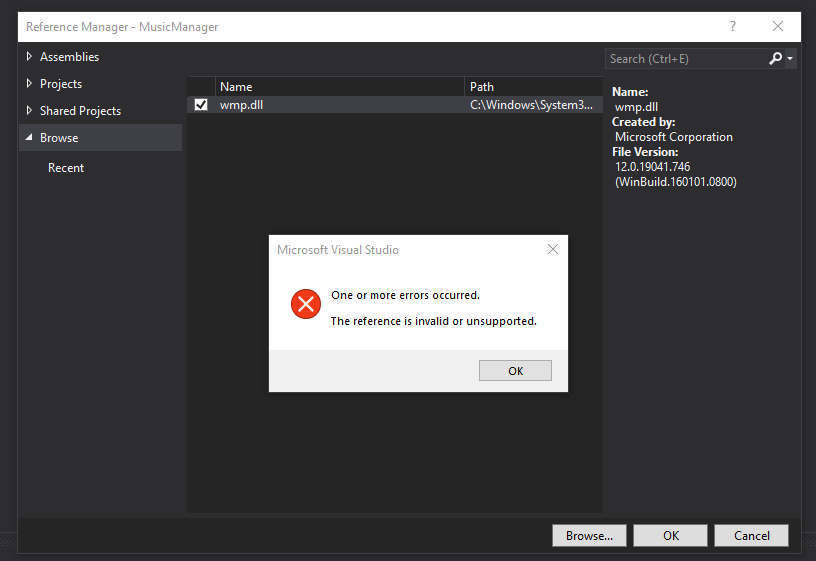 Cant add wmp.dll reference to C Core project Stack Overflow