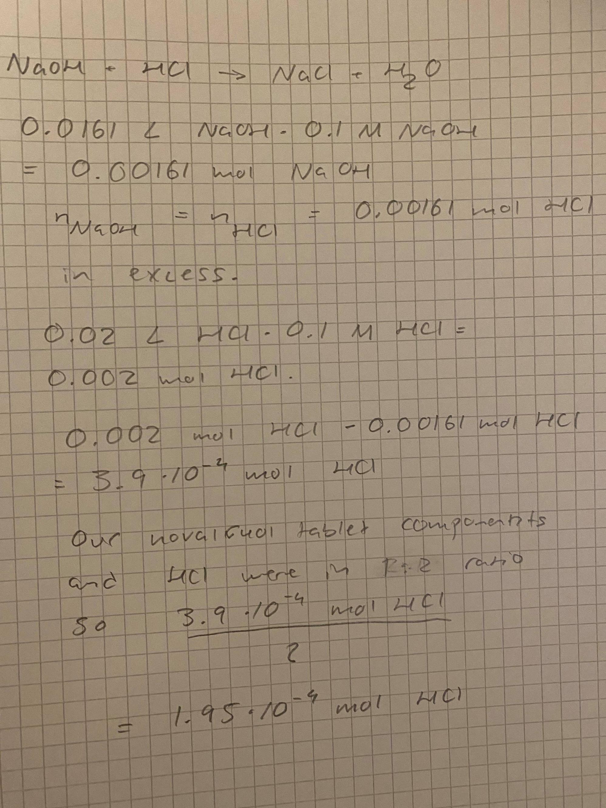 stoichiometry Novalucol back titration lab calculations Chemistry