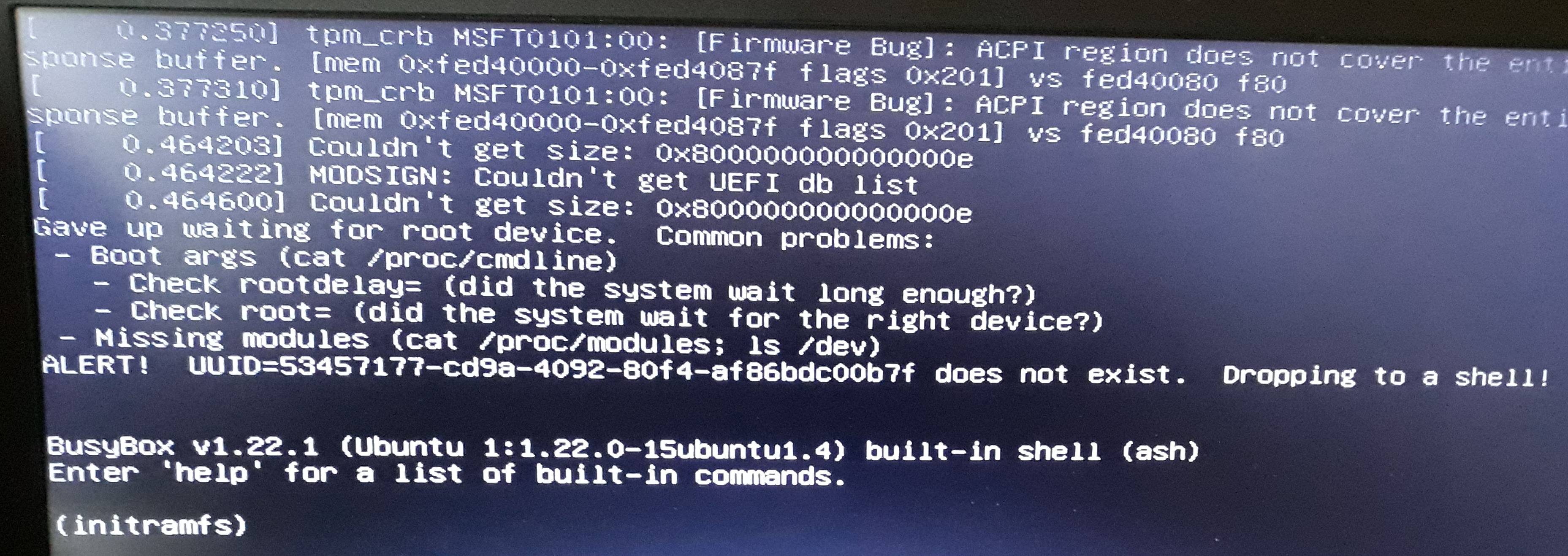 dual boot Ubuntu 16.04 "Gave up waiting for root device" [Solved