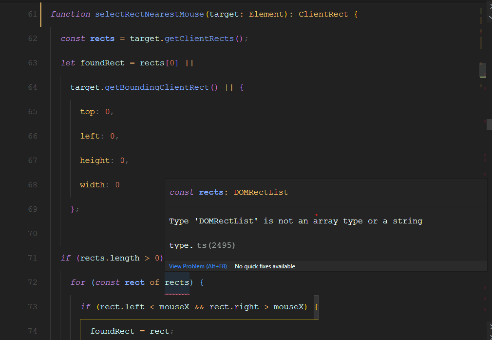 javascript VSCode doesn't support DOMRectList iteration