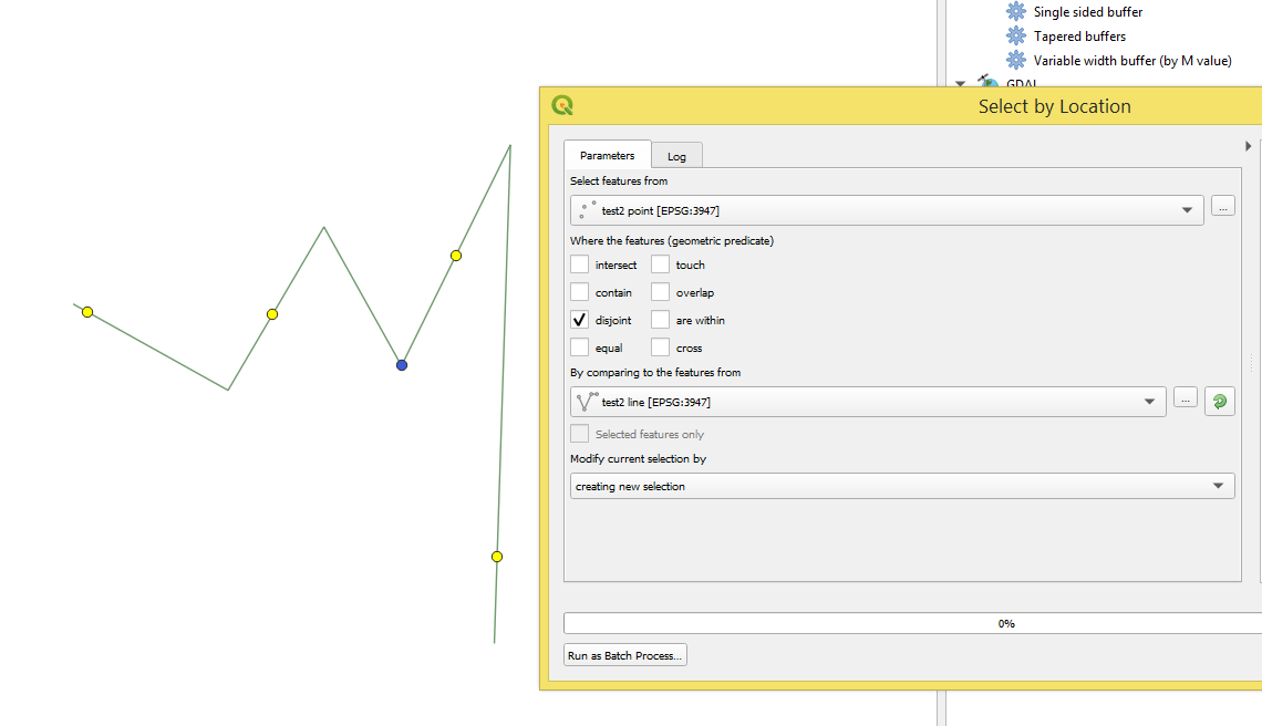 qgis 3 "Select by location" fails for points touching/intersecting on lines Geographic