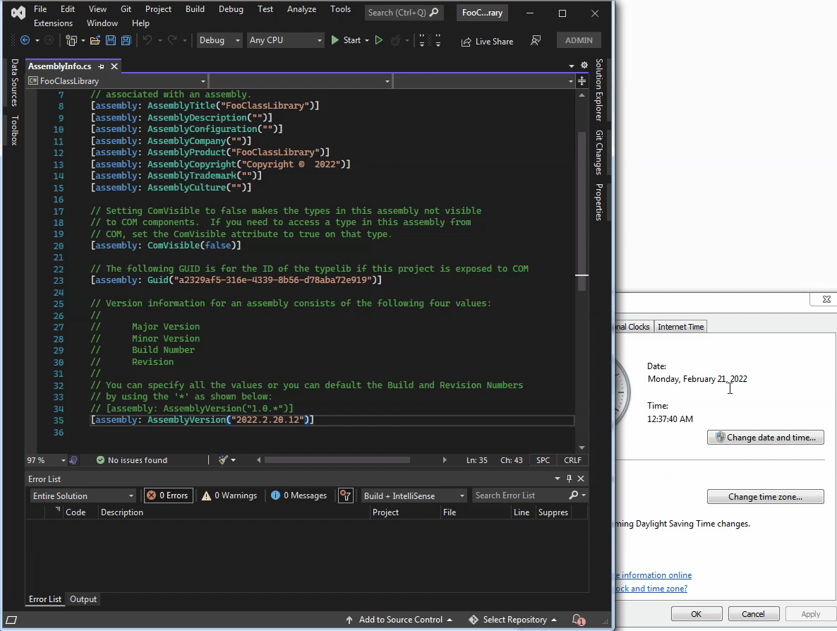 c How to Change AssemblyInfo.cs AssemblyVersion with date/time and