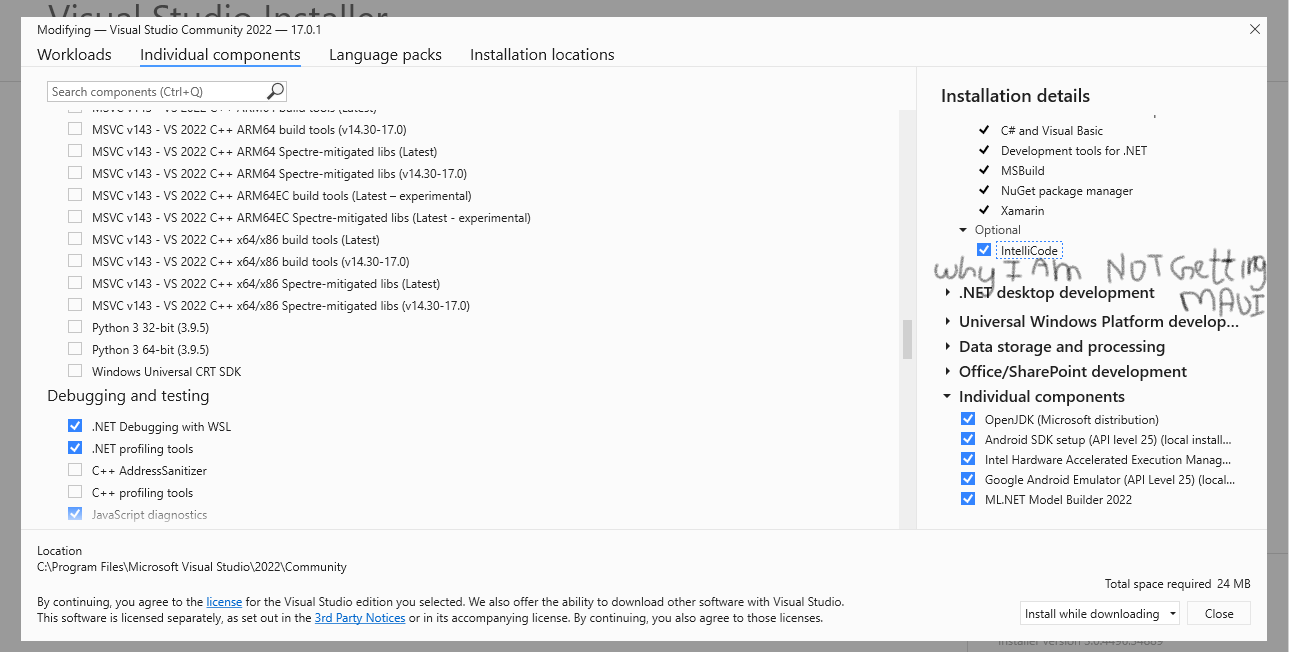 Visual Studio Comunidad 2022 v17.0.1 MAUI opción no está