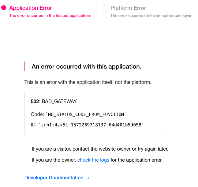 next.js ZEIT 502 BAD GATEWAY GET / TASK TIMED OUT AFTER 10.01 SECONDS