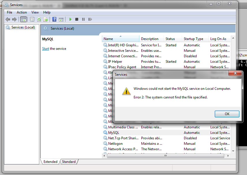 Mysql windows could not start the MySQL. service on local computer