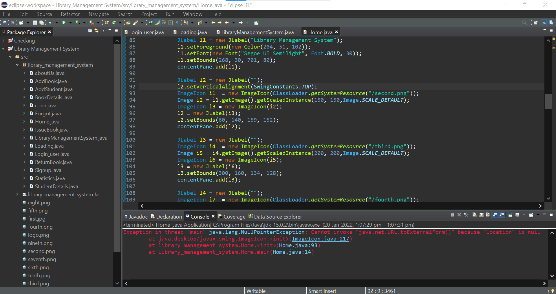 eclipse Getting the error "Exception in thread "main" java.lang.NullPointerException Cannot
