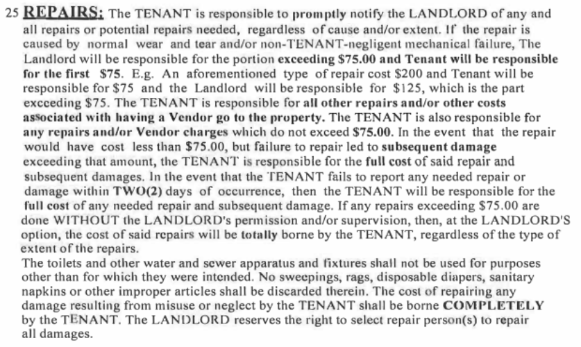 landlord Lease requires tenant to be partially responsible for repair