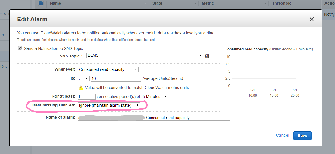 amazon web services Where and how disable dynamodb "missing data