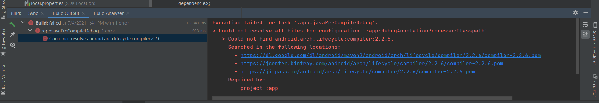 gradle Failed to resolve android.arch.lifecycleextensions2.2.5