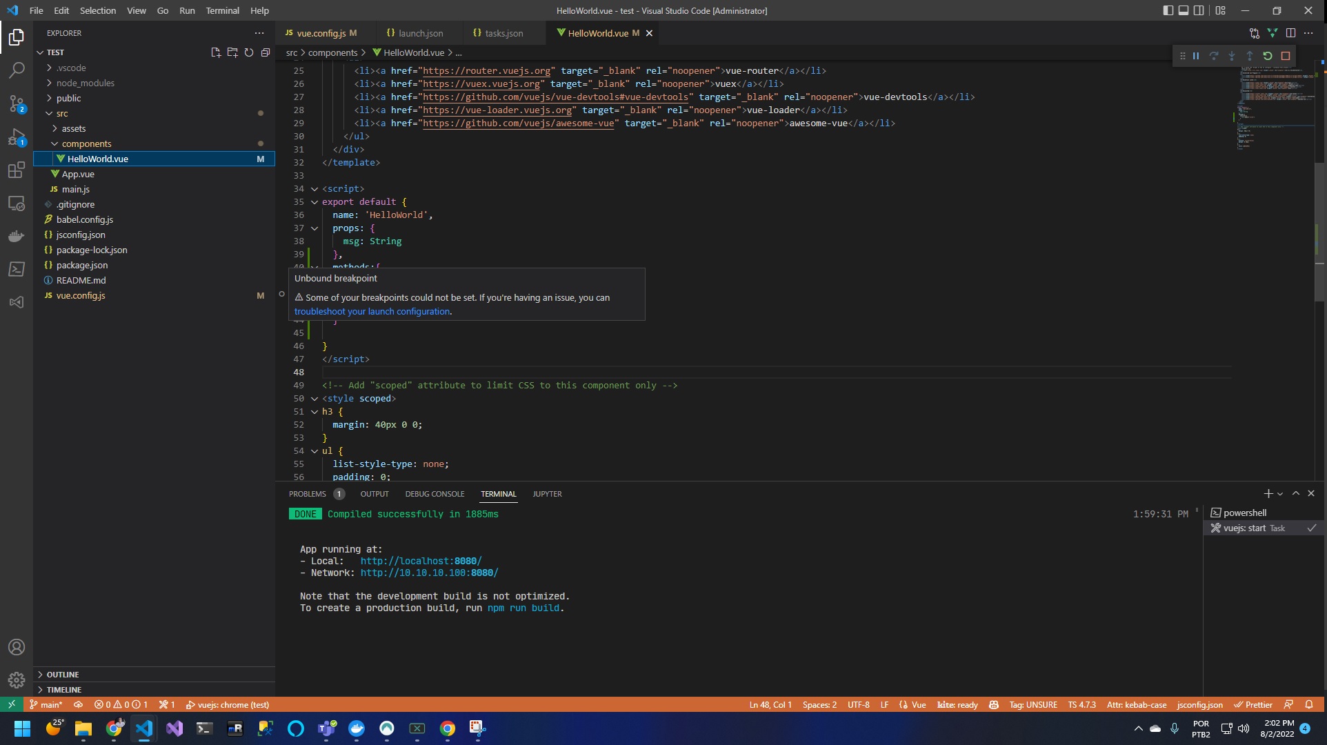 javascript Vuejs Unbound breakpoint Some of your breakpoints could