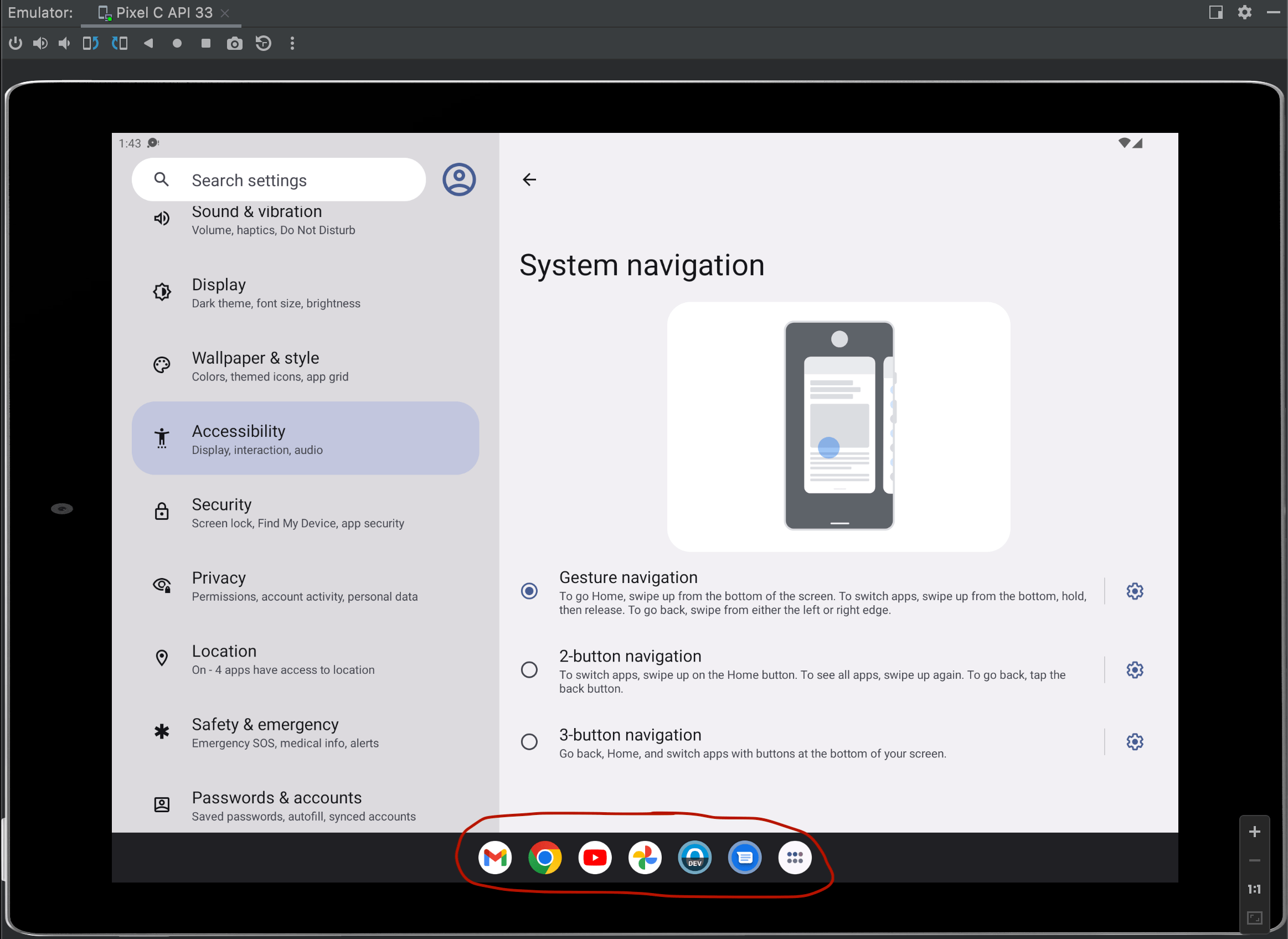 System bar showing app icons on Android 13 (tablet emulator) Stack