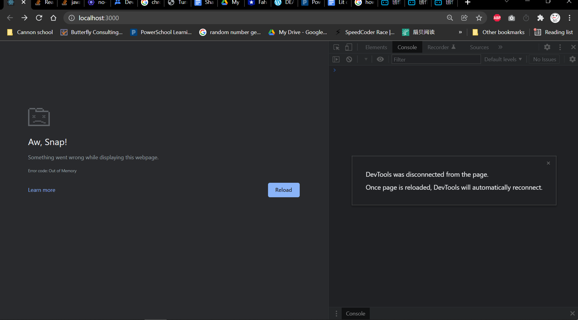 reactjs React App failed to load and displayed "Aw Snap!" in chrome