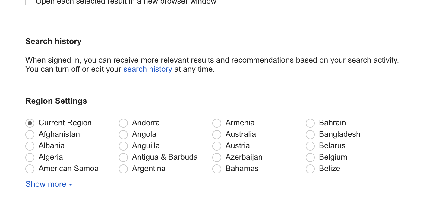 Googlesearch Google search settings “Current Region” based on