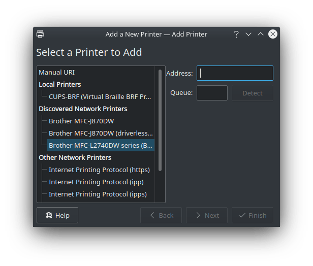 kubuntu Printer setup asks for "address" and "queue" Ask Ubuntu