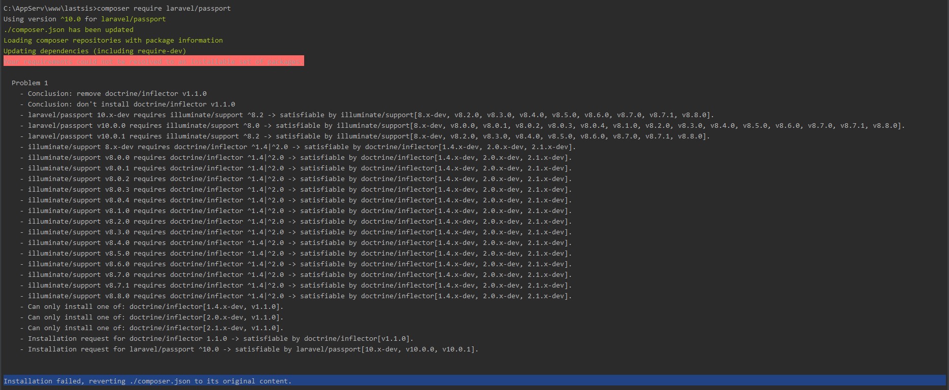 php Laravel 7.x Passport Error "Your requirements could not be