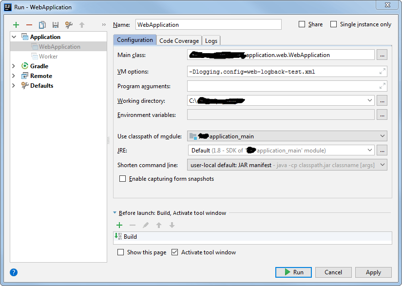 java Different log files for same project with different main started