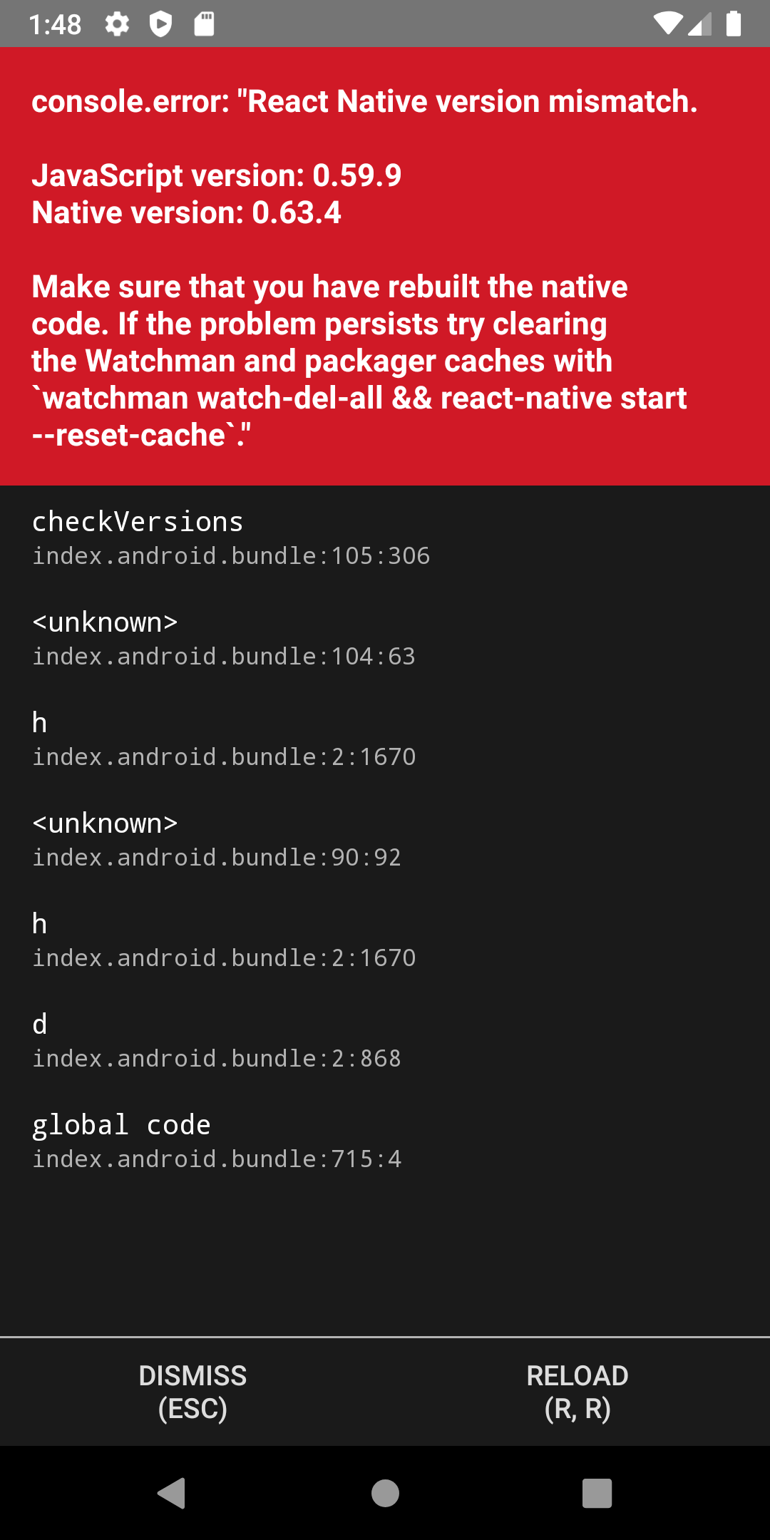 React Native version mismatch. (Android) (JavaScript