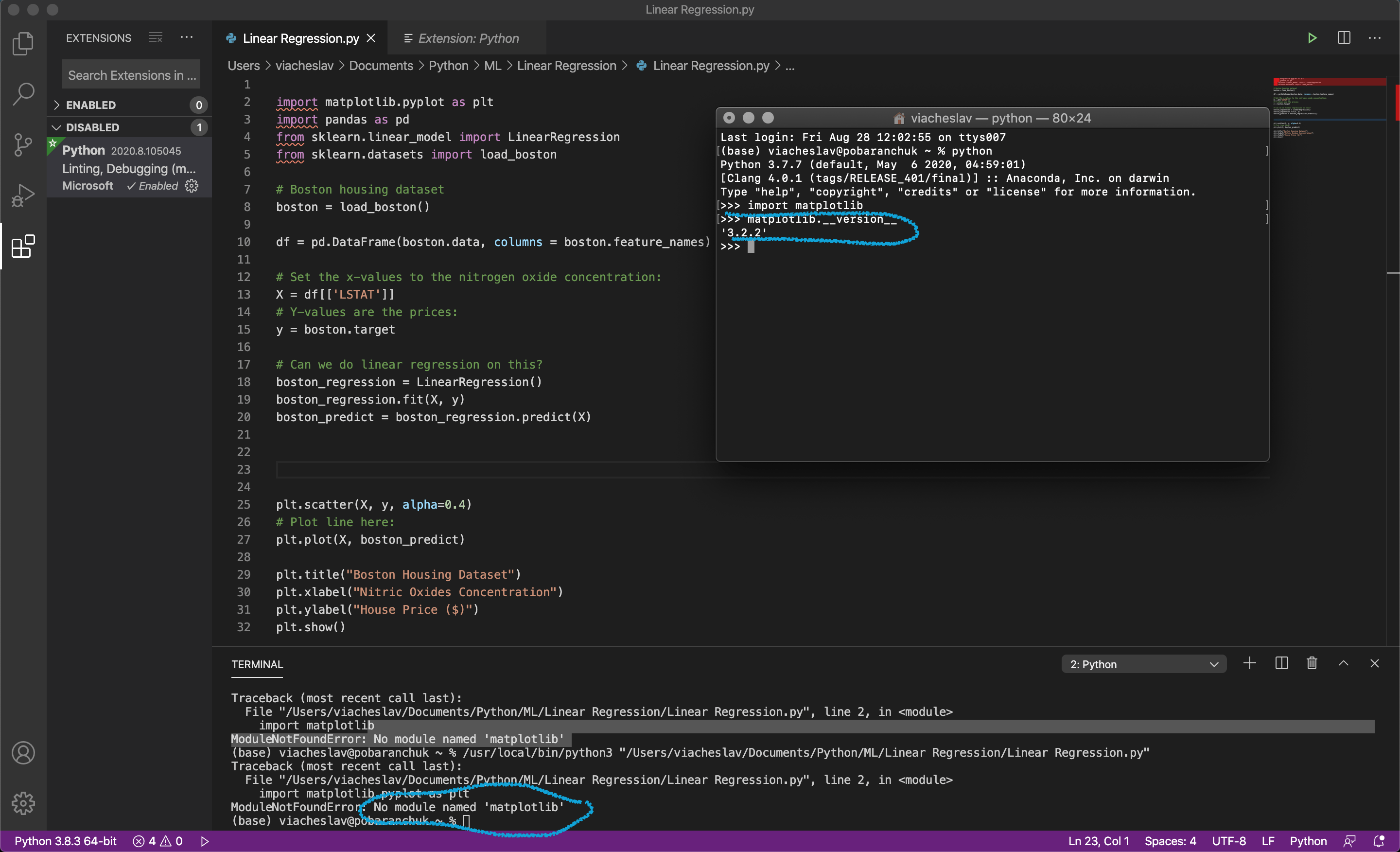 What the reason of an error when I try to import matplotlib for python