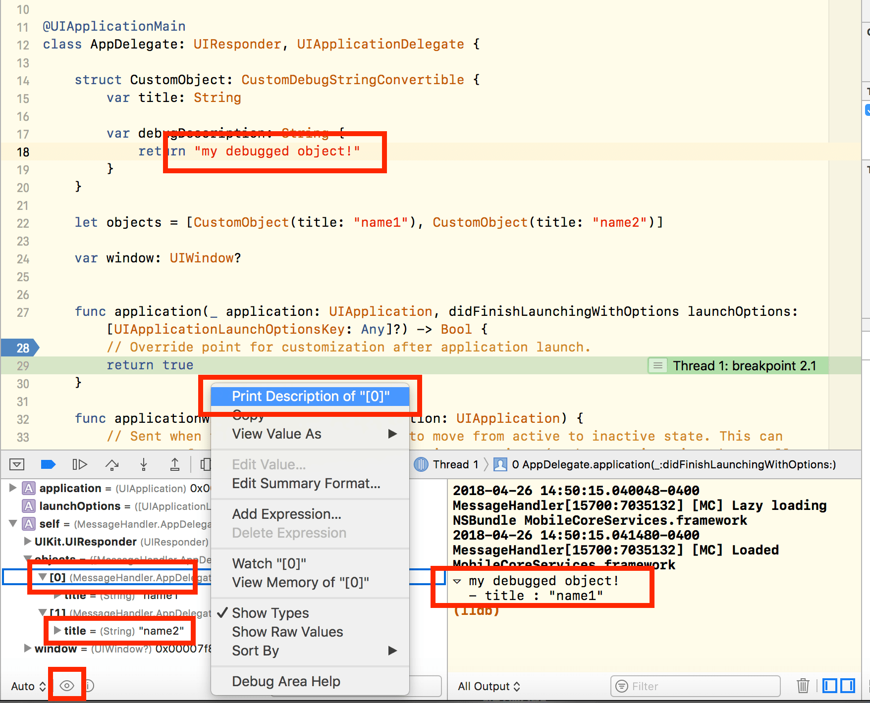 ios Change info shown in variables view of Xcode debugger Stack