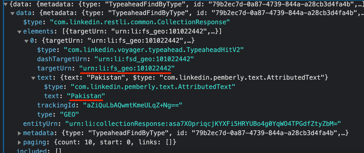 ¿Cómo encontrar la lista de todos los países urns de LinkedIn? Mejor