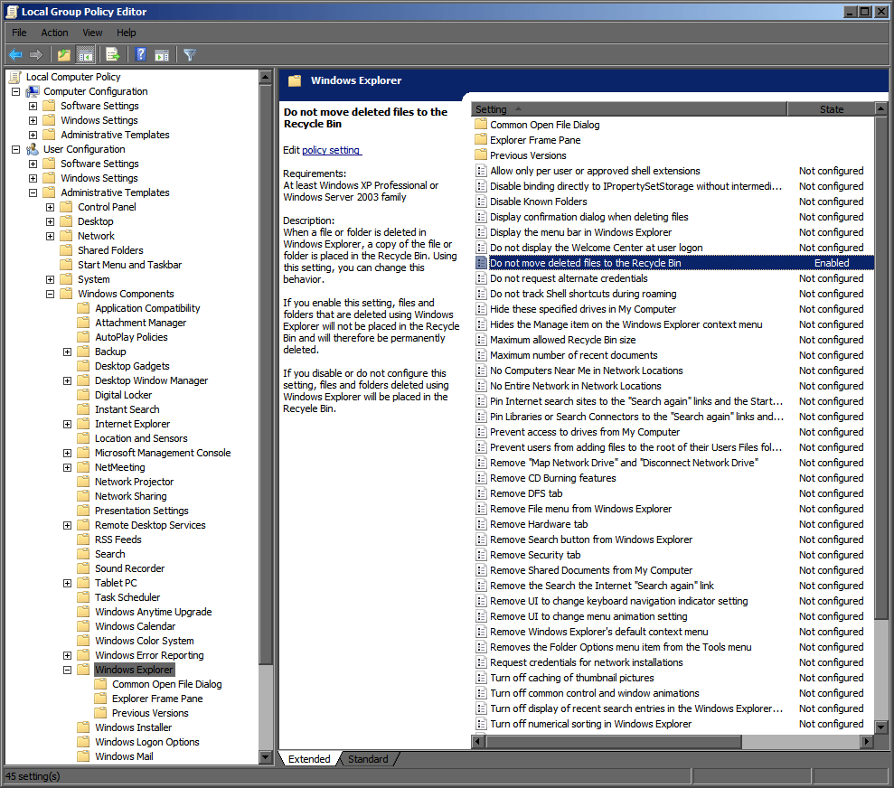 Como faço para o Windows 7 NÃO usar a Lixeira em uma unidade removível?