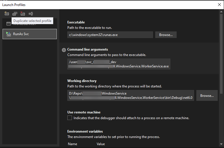 debugging Visual Studio 2022 Debug 6/7 Background Service with Runas a Different User