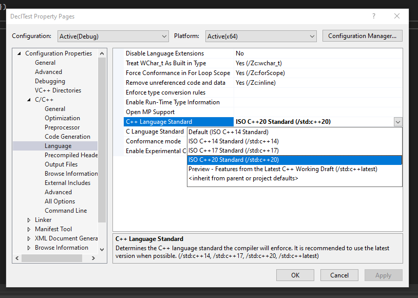 c++ how can i set specifically c++17 on vs community 22? Stack Overflow