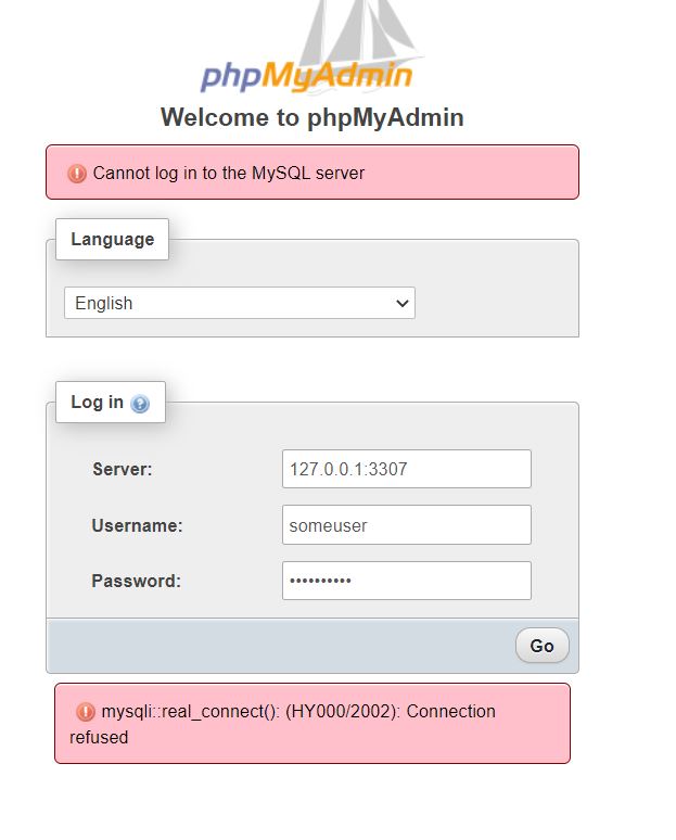 php How to connect to mysql docker container via phpMyAdmin? Stack