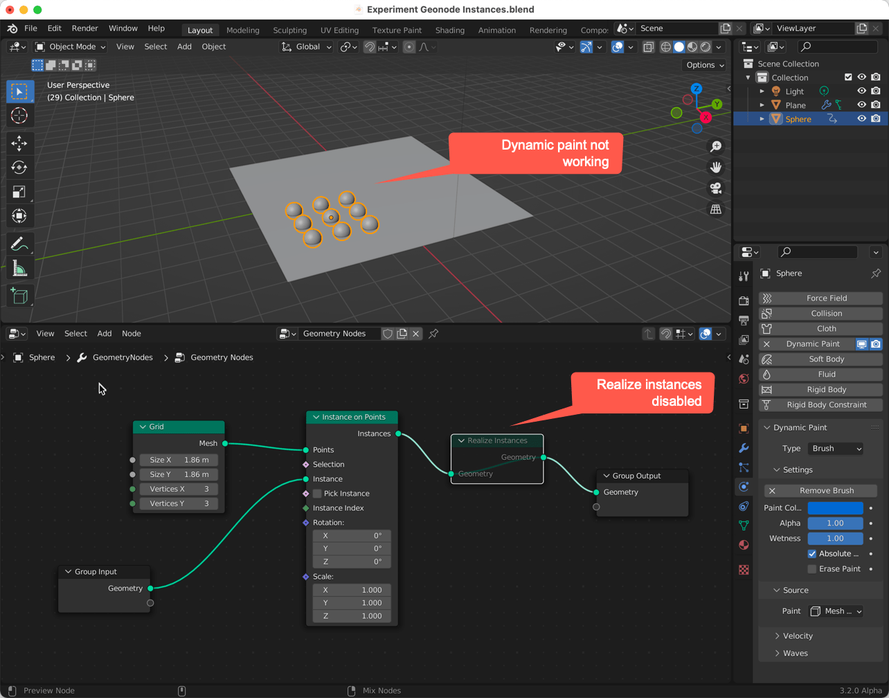 geometry nodes Why can instances not be used as brush for dynamic