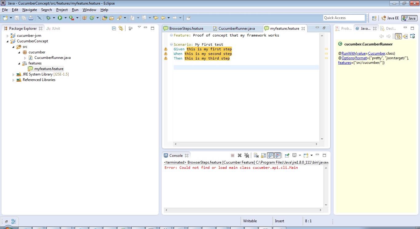 eclipse Java cucumber Error Could not find or load main class