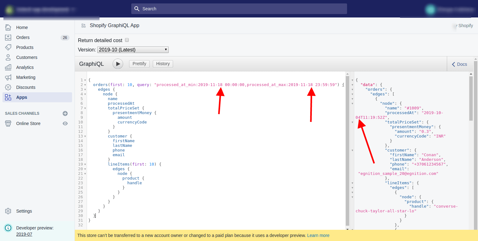 Shopify Admin GraphQL API for getting orders of a particulate date
