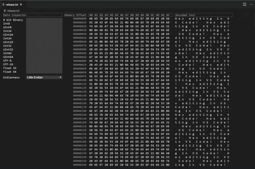 How do I see a bin file in a hex editor in Visual Studio Code? Gang