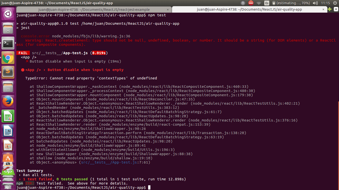 unit testing TypeError Cannot read property 'contextTypes' of