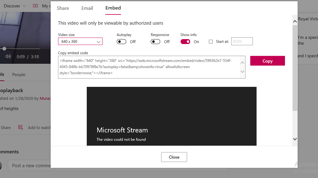 sharepoint Microsoft Stream video Embed code is not working in IE 10