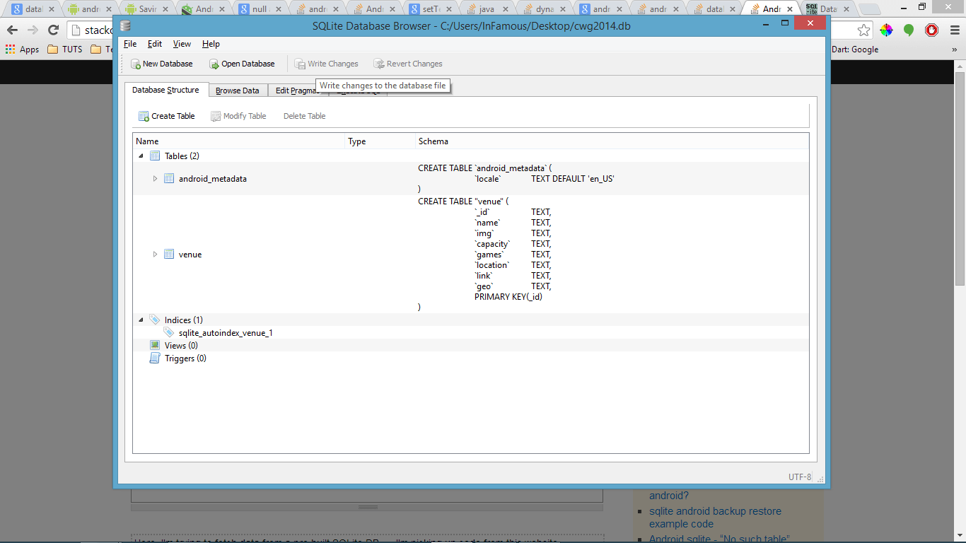 database Android SQLite.no such tablevenue (code 1), while