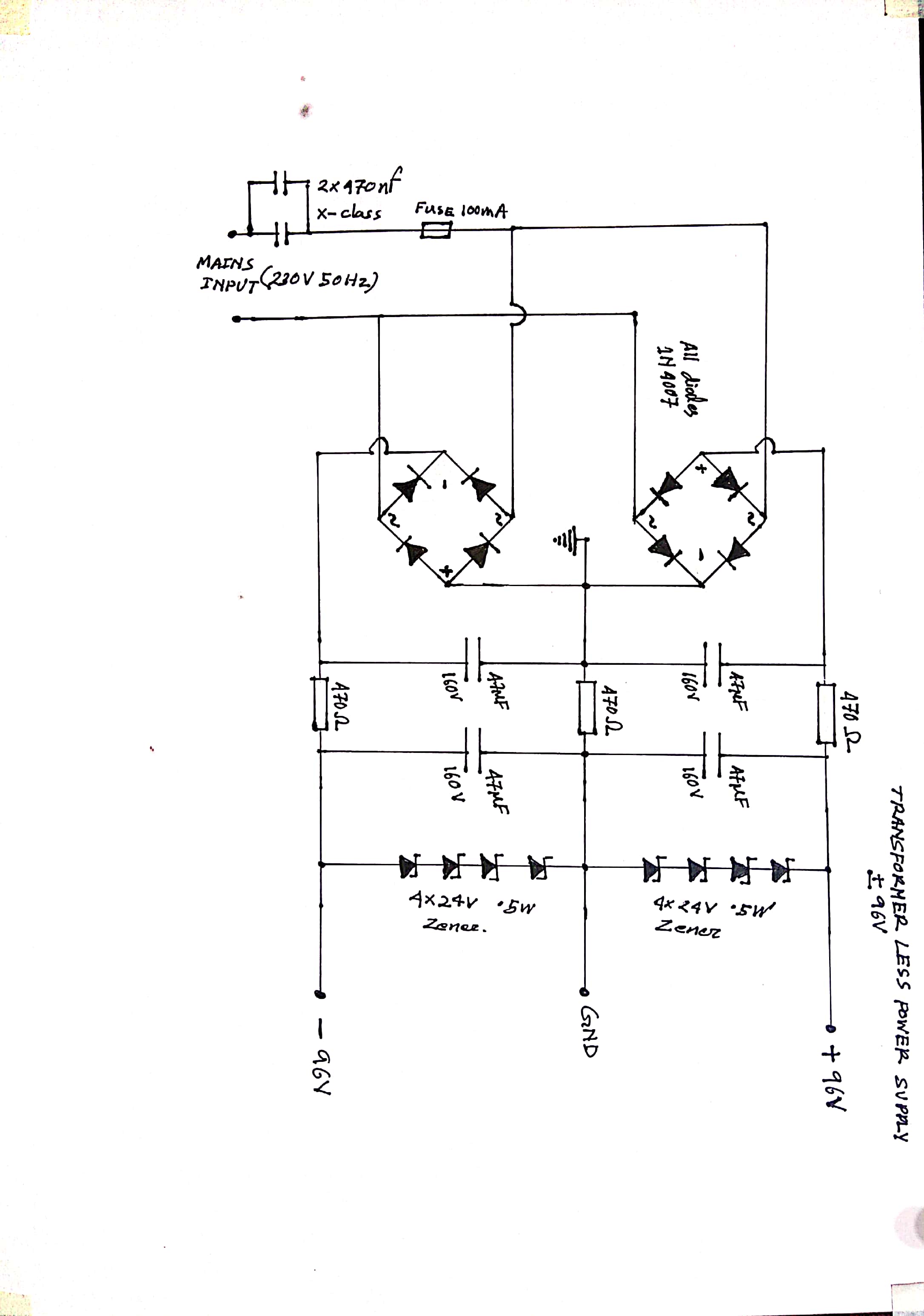 vacuum tube +/ 96 V transformer less power supply design